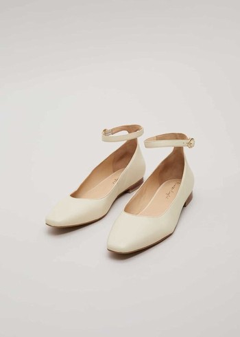 Phase Eight Leather Almond Toe Strap Ballerina Flats White USA | 8496207-SD